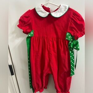FUNTASIA TOO - red corduroy romper with green polka dot bows new with tags